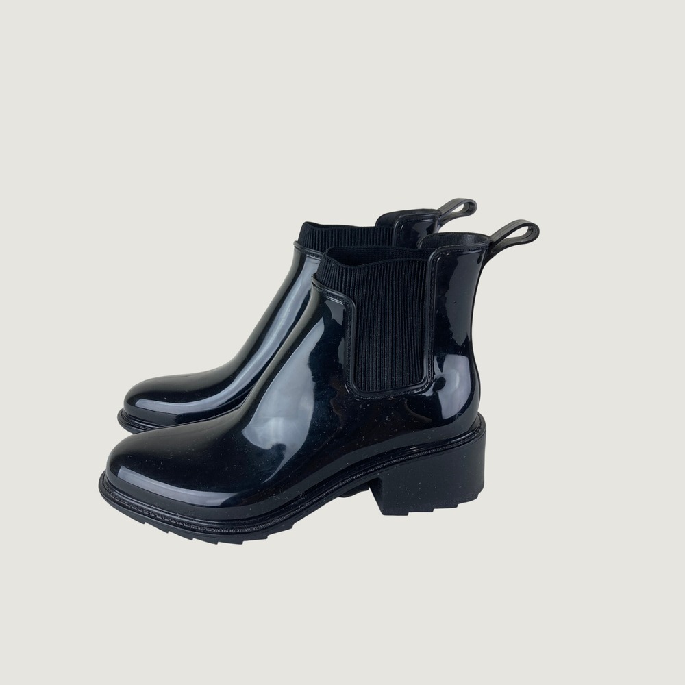 A New Day Chelsea‎ Rain Boots Women 7 Black Glossy Lug Sole Ankle Boot